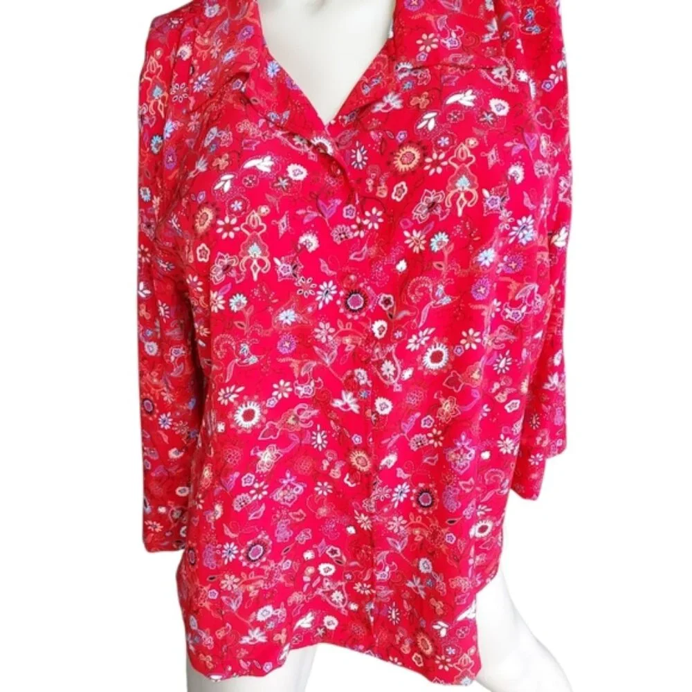 Christopher and Banks Size XL Women's Floral 3/4 Sleeve Red Button Down Top - Picture 1 of 16